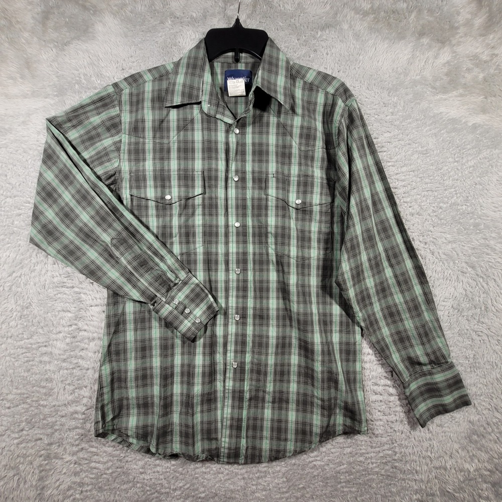 Wrangler Western Shirt Mens Medium Green Plaid Pearl Snap Long Sleeve